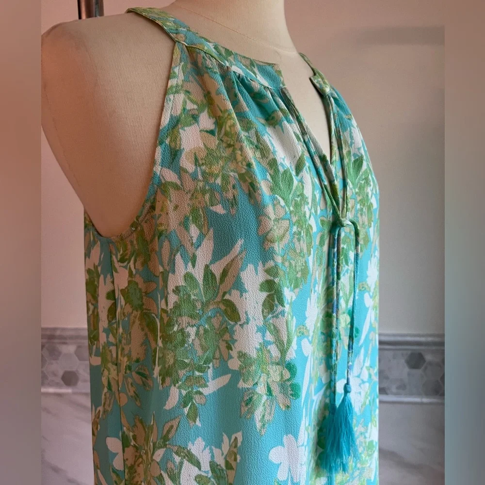 New Sleeveless Tassel Blue Torques Floral Blouses Sz M - Picture 5 of 12